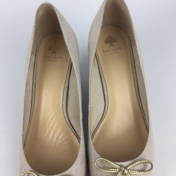 Kate Spade Womens Linen Peep Toe Wedge Heels Beige Cream Shoes Gold Bow size 10 - Picture 12 of 15